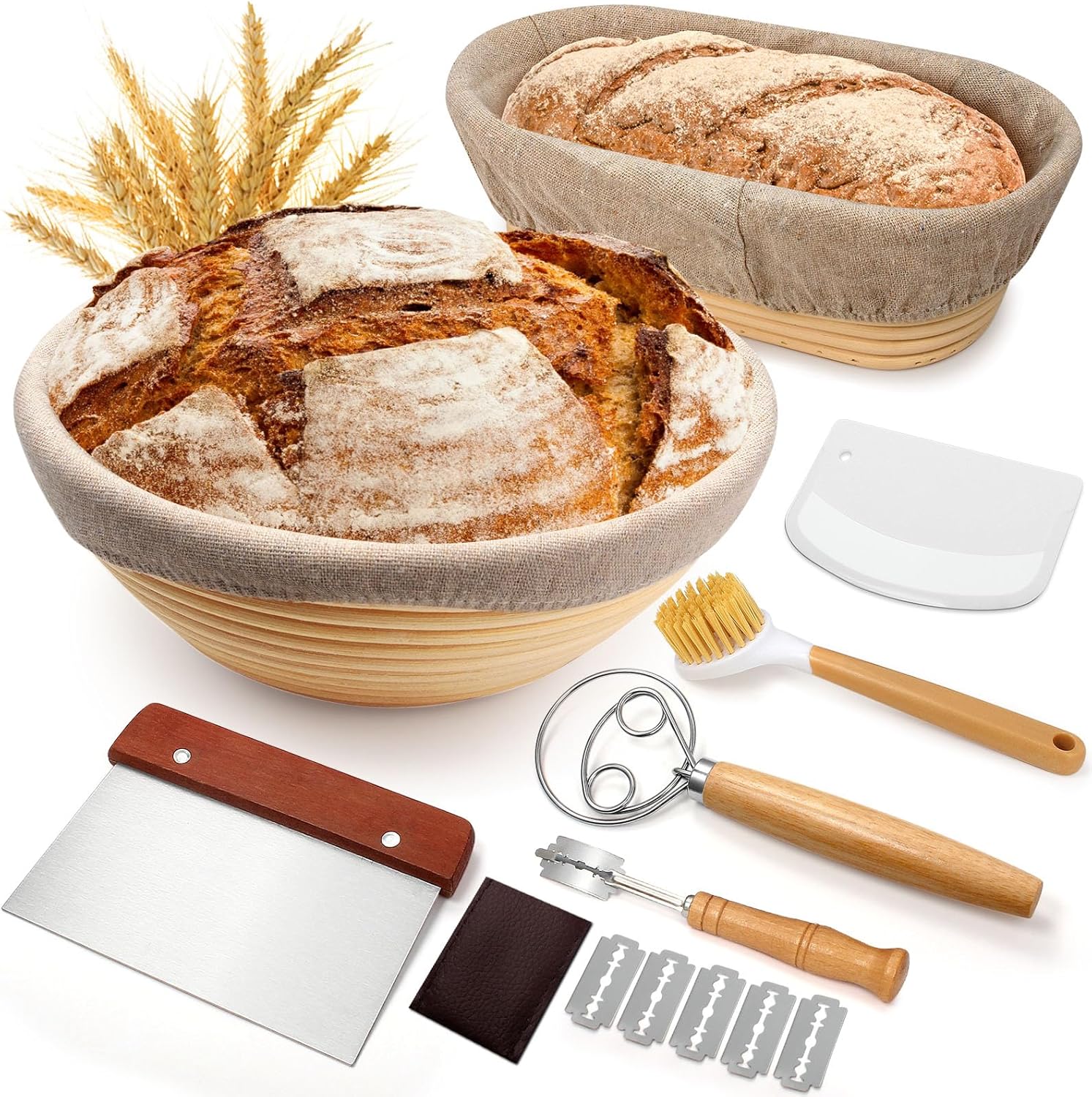 Sourdough Proofing Basket Gift Set, 9" Round and 10" Oval Banneton Bread Baking Supplies, Sourdough Baskets with Bread Lame, Danish Whish, Bowl Scraper
