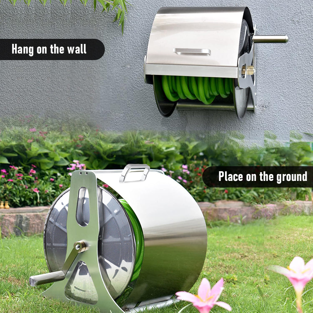 Large Stainless Steel Garden Hose Reel Cart Portable Pipe Holder With Rainproof Sunscreen Protection Lid and Crank Handle — image 3