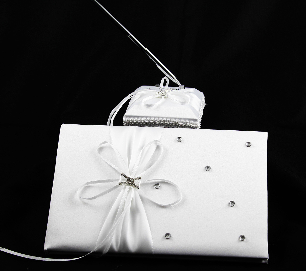 White Wedding Guest Book Register with Silver Pen Matching Stand Set 36 Lined Pages - White Ribbon and Diamante Bow Cover โ image 2