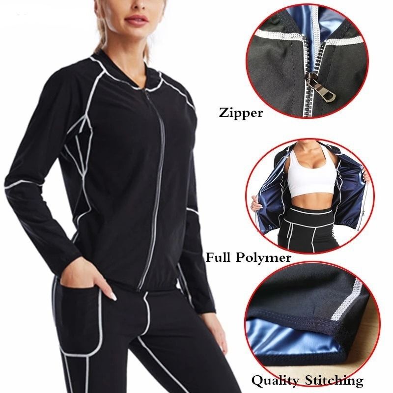 XL Size Black and Blue Women's Workout Sauna Sweat Suit Set: Long Sleeve & Leggings - High Elasticity Compression Shapewear for Weight Loss & Yoga — image 4