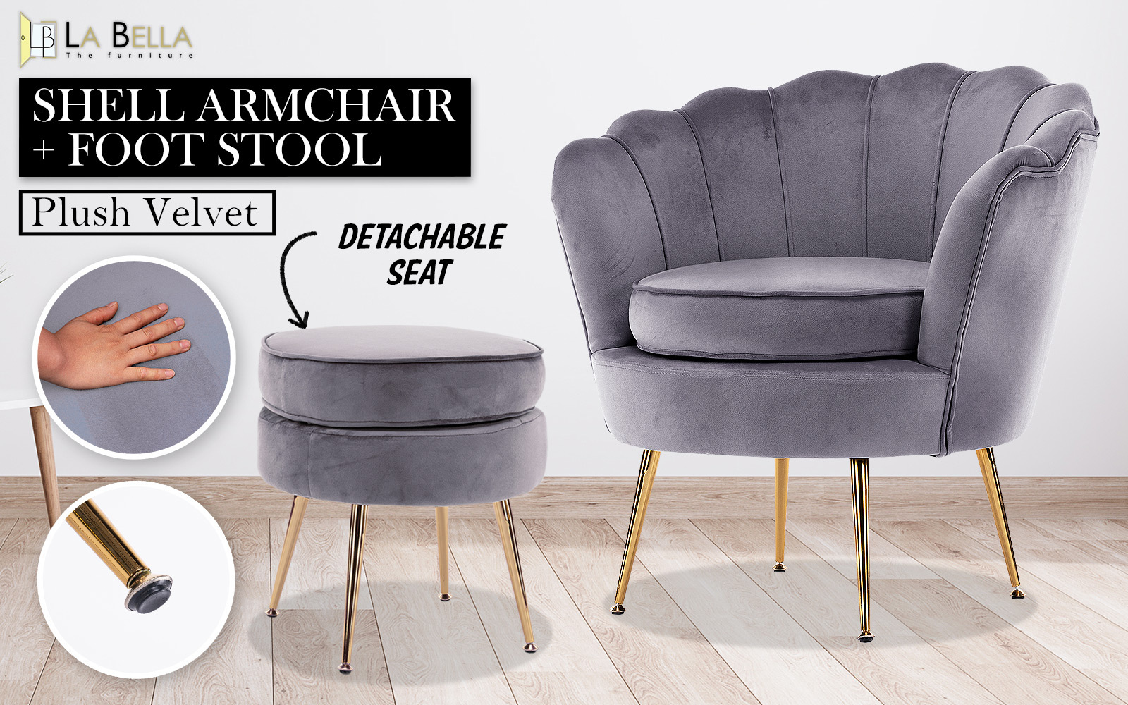 Armchair Lounge Chair Accent Velvet Shell Scallop + Ottoman Footstool Round GREY — image 2