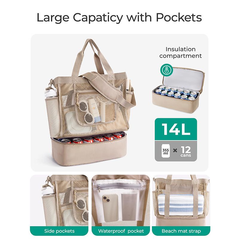 16.5 x 7.9 x 18.9" Beige Beach Travel Mesh Tote Bag with 14L Insulated Drink Compartment - Multi Pockets Sandproof Beach Picnic Bag with Picnic Mat Strap, Cup — image 2
