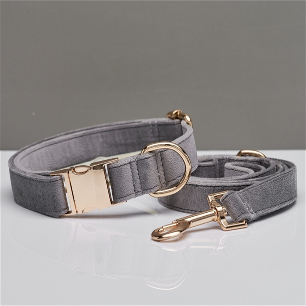 S Grey Luxury Velvet Pet Collar & Leash Set - Engravable Dog Collar with Gold Hardware