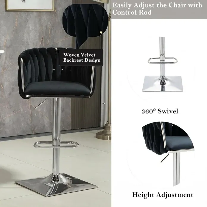 SERENITà Modern Velvet Breakfast Bar Stools Swivel Barstools Adjustable Counter Stools with Backrest (Silver-Black) — image 3