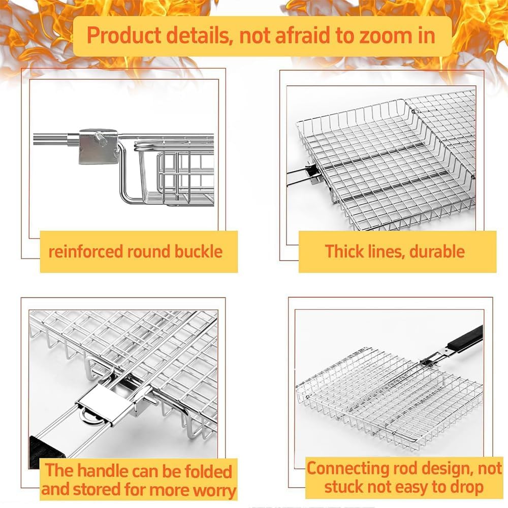 Fish Grilling Basket, Folding Portable Stainless Steel BBQ Grill Basket for Fish Vegetables Shrimp with Removable Handle, with Basting Brush and Storage Bag — image 3