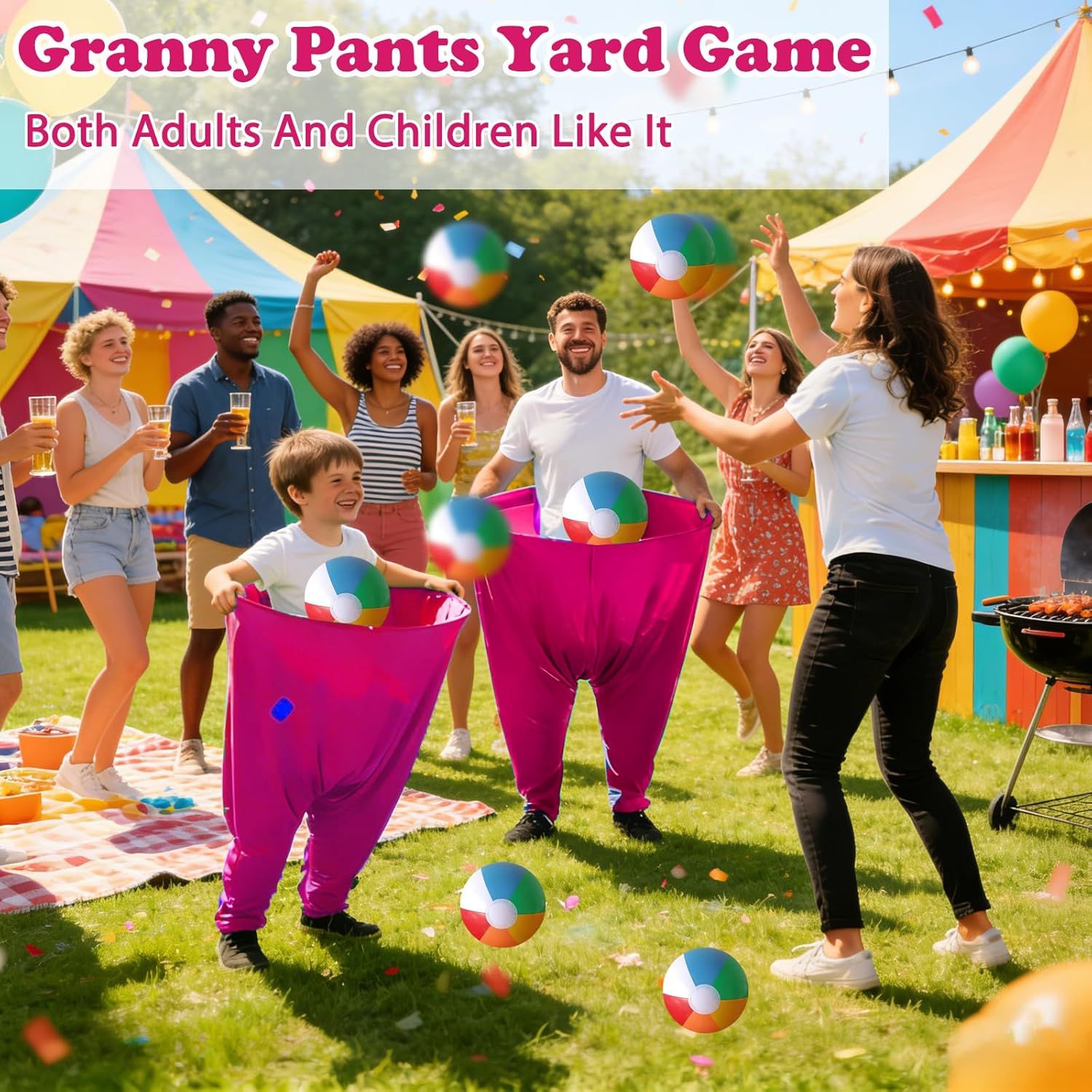 Granny Pants Yard Game Set Giant Outdoor Party Activity for Kids and Adults, Big Pants Ball Catching Set with 4 Balloons and Pump, Funny Lawn Activity, Ring — image 2