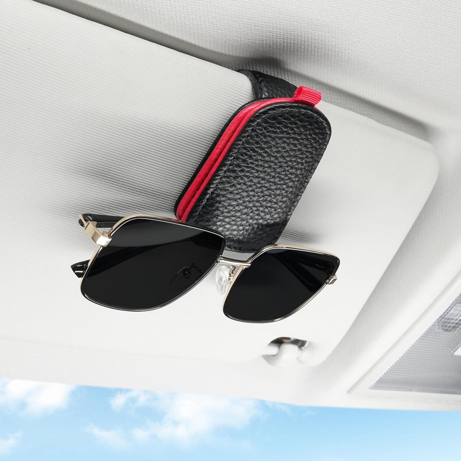 Sunglasses Holder for Car, Leather Magnetic Buckle Sun Visor Sunglass Clip, Ticket Card Storage Glasses Car Interior Accessories Men and Women(Black-red)