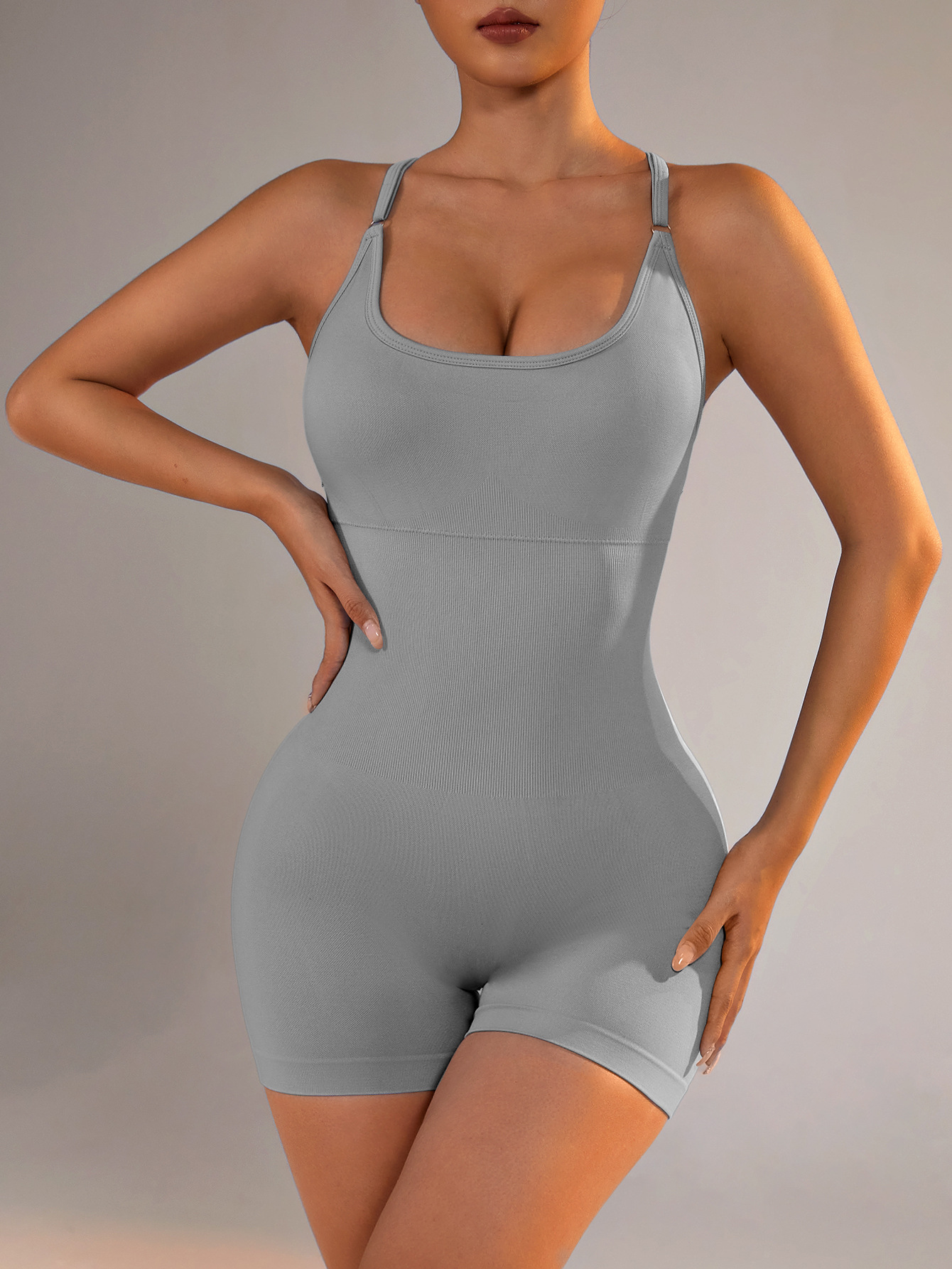 Size S Light Grey Nylon Seamless Yoga Bodysuit - Women's Athletic Romper, Crisscross Back, Workout Jumpsuit โ image 6