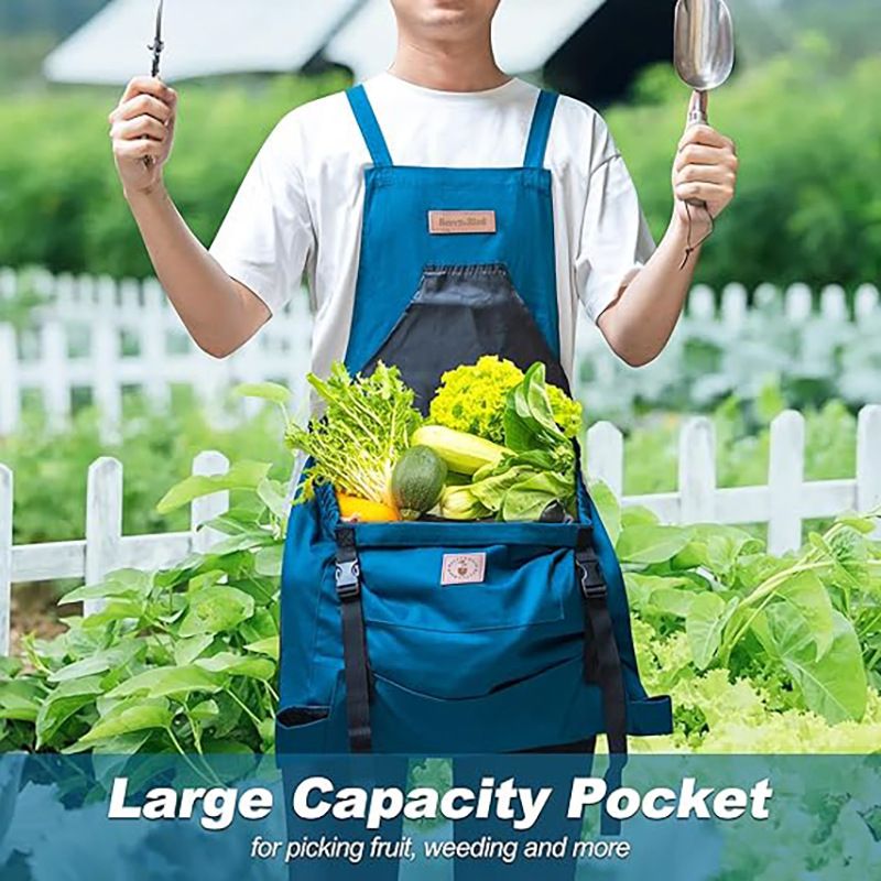 Oxford Cloth Waterproof Gardening Apron, Large Capacity Kangaroo Pocket, Cross Back Straps Comfortable, Great Helper for Picking and Weeding(dark blue) — image 2