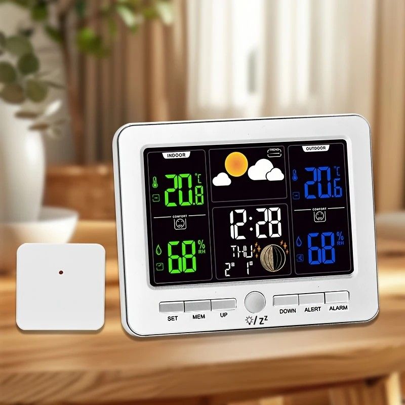 Indoor Outdoor Weather Station Color LCD Atomic Clock Barometer Forecast Dual Alarm Snooze Calendar Time Date Moon Phase Adjustable Backlight.BLACK — image 2