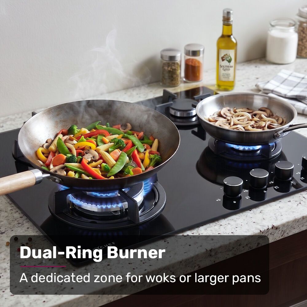 EUROCHEF 60cm 4 Burner Gas Cooktop, with Wok Burner, Tempered Glass, Natural Gas & LPG, Black — image 2