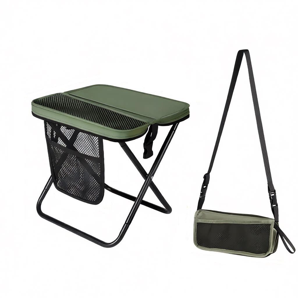 Green Portable foldable stool with a crossbody strap - High Carbon Steel Frame and Oxford Fabric Outdoor Camping Chair with Mesh Storage Pocket - Lightweight
