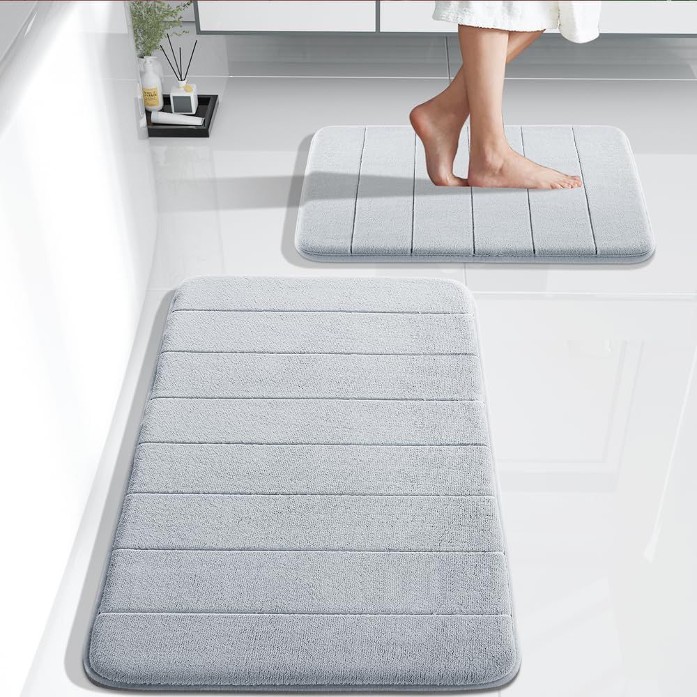 2 Pack Coral fleece Bath Mat Set, Soft Quick-Dry Non-Slip Bathroom Rugs, Machine Washable, Silver, 43.2 × 61 cm and 80 × 50 cm