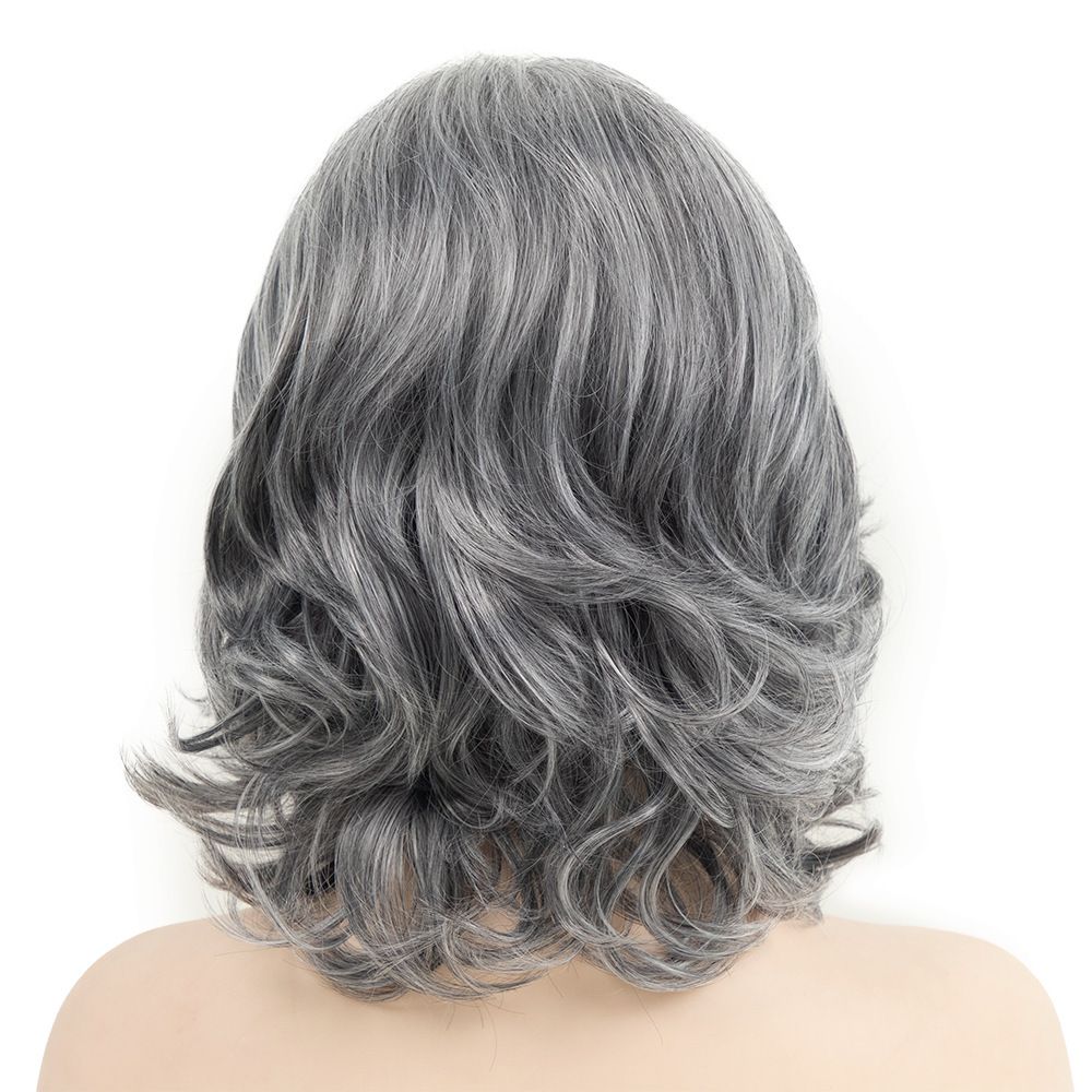 Grey Curly Wavy Wig for Women Mid-Length Gray Synthetic Natural Looking Heat Resistant Halloween Cosplay Wig