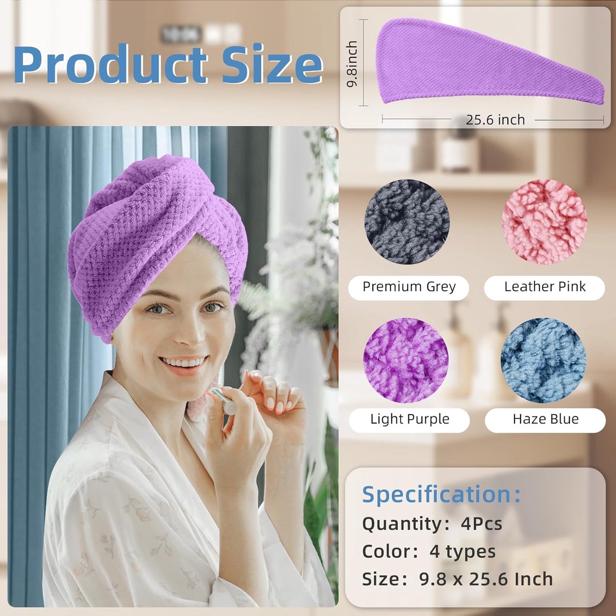 Towels - 4 pcs - Wet Hair Towel - Dry Hair Towel - Long Hair Headband - Women's Towels - Bathroom Amenities โ image 5