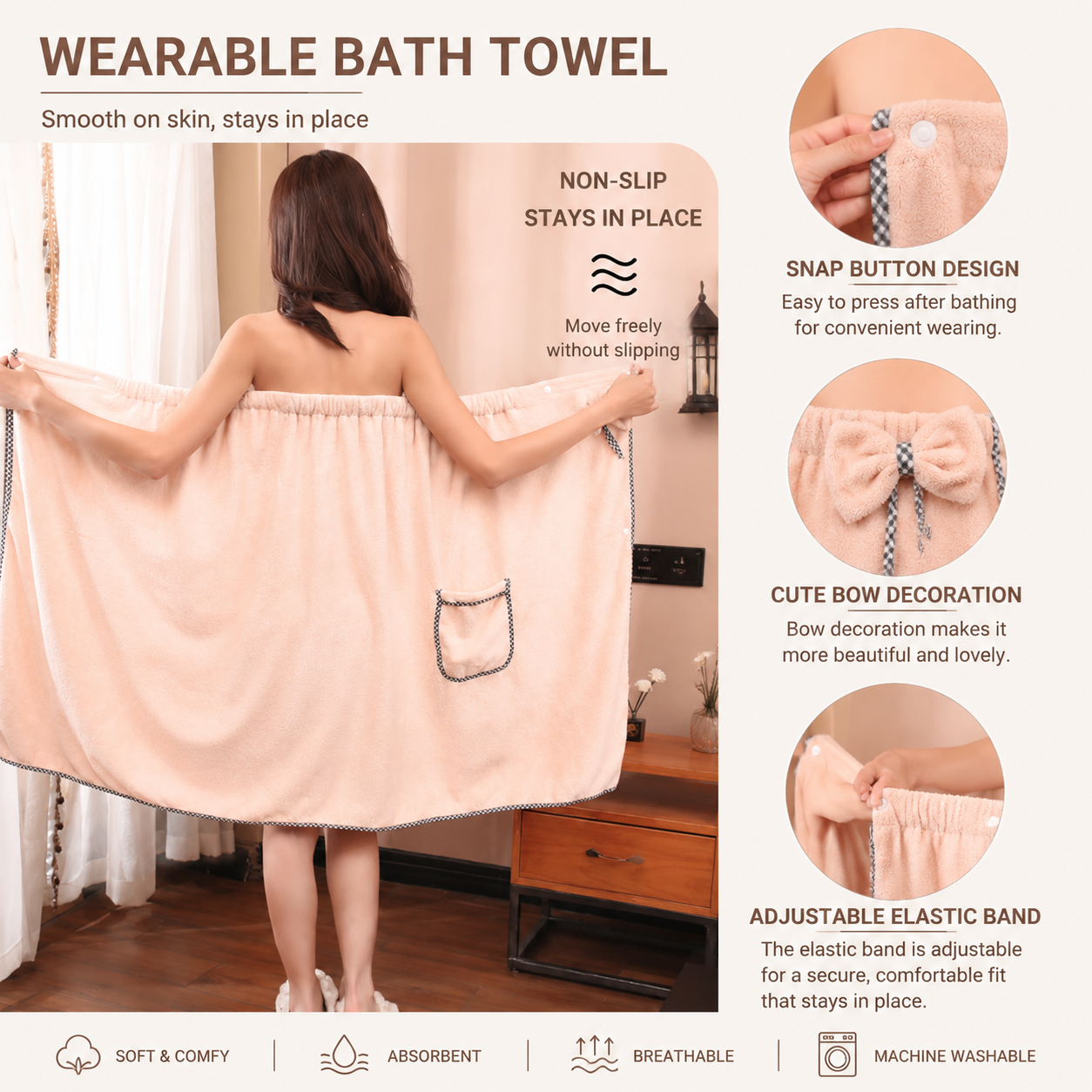 Purple Women's Coral Fleece Wearable Bath Towel Wrap - 80x140cm With Elastic Band, Snap Button and Pocket for Home Spa Travel — image 4
