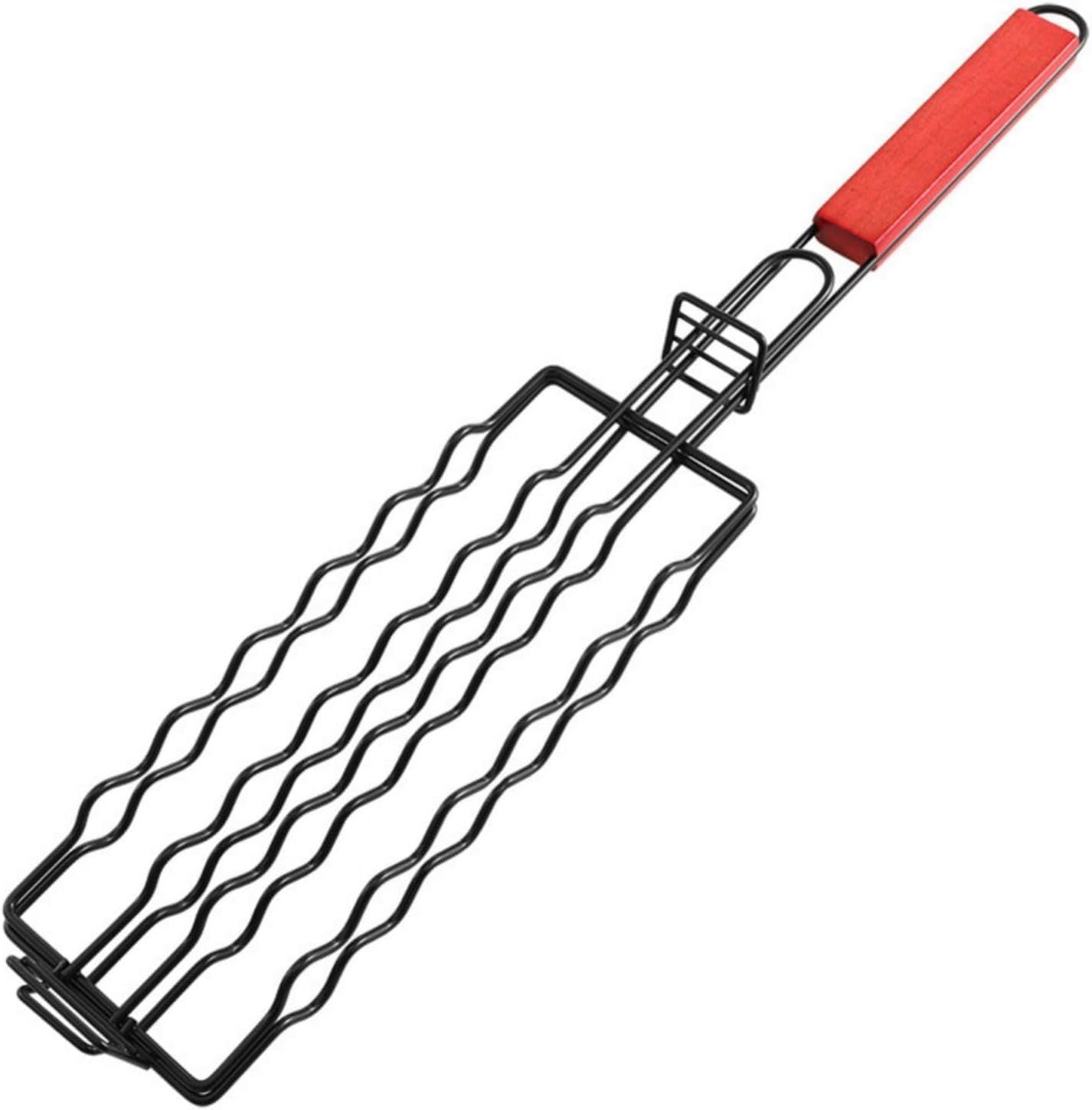 Hot Dog Holders for Grilling,6 Hotdog BBQ Basket Stainless Steel Barbecue Mesh Clip, Removable Heat-Resistant Wooden Handle for Sausages, Steak, Vegetables