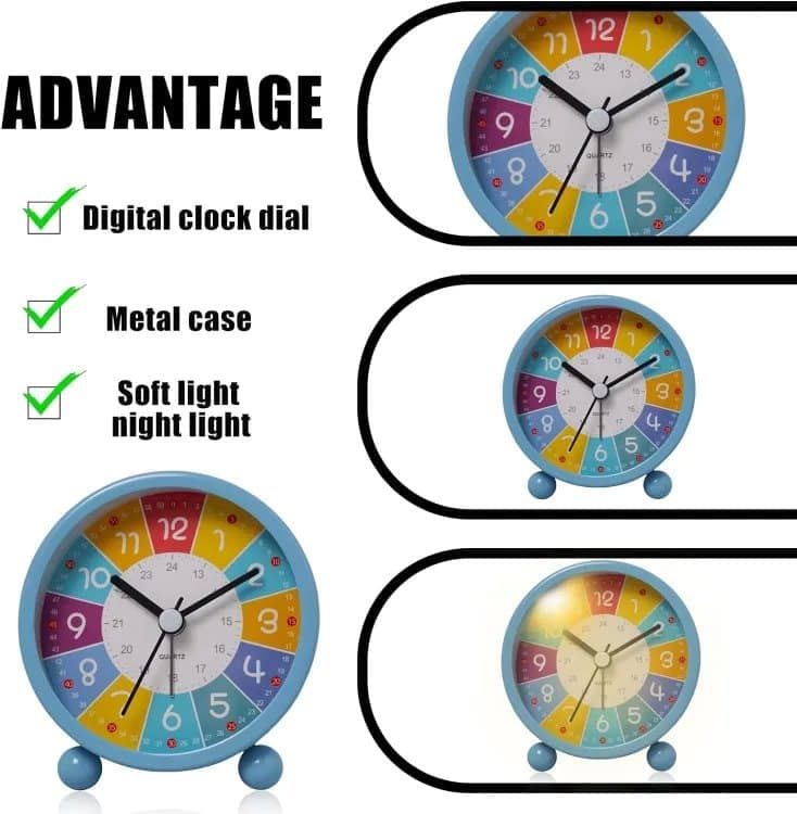 Silent Alarm Clock with Night Light for Children, Round, 8cm, Blue — image 5