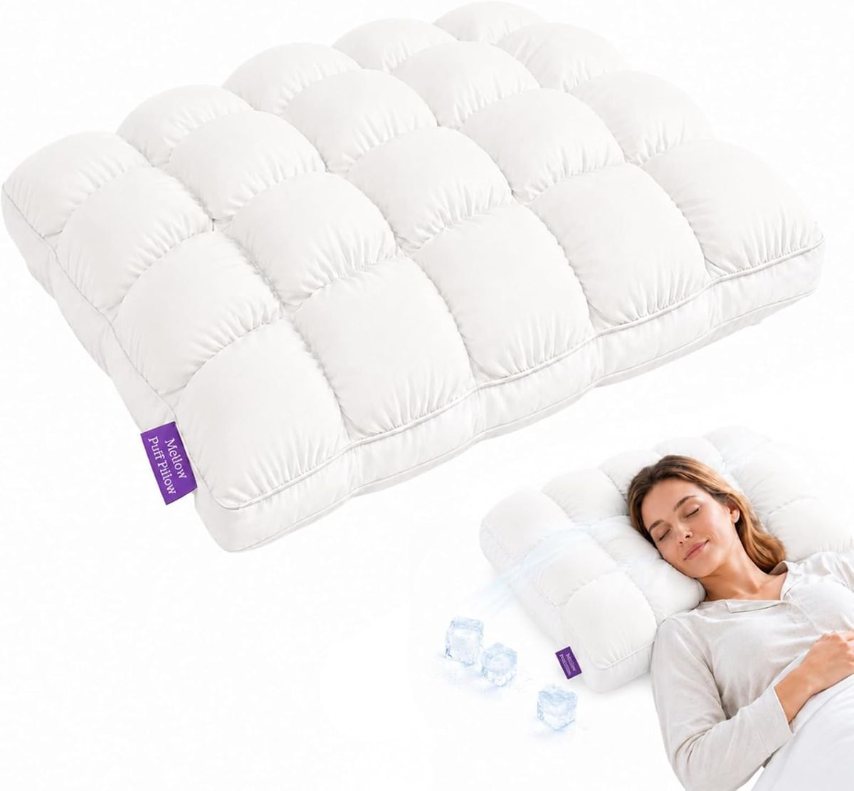 Mellow Puff Cooling Pillow for Sleeping, Fluffy Cloud Pillow with Ice-Silk Touch, Breathable Quilted Grid Design, Machine Washable
