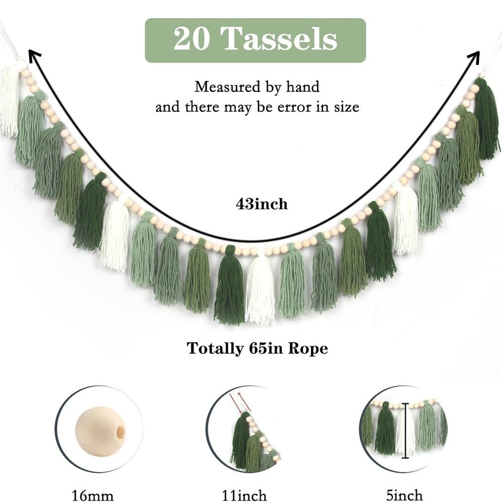 Green Tassel Wall Hanging Decor Forest Woodland Tassel Banner with Beads for Nursery Classroom Office Birthday Party Kids Room Baby Shower Decoration — image 4