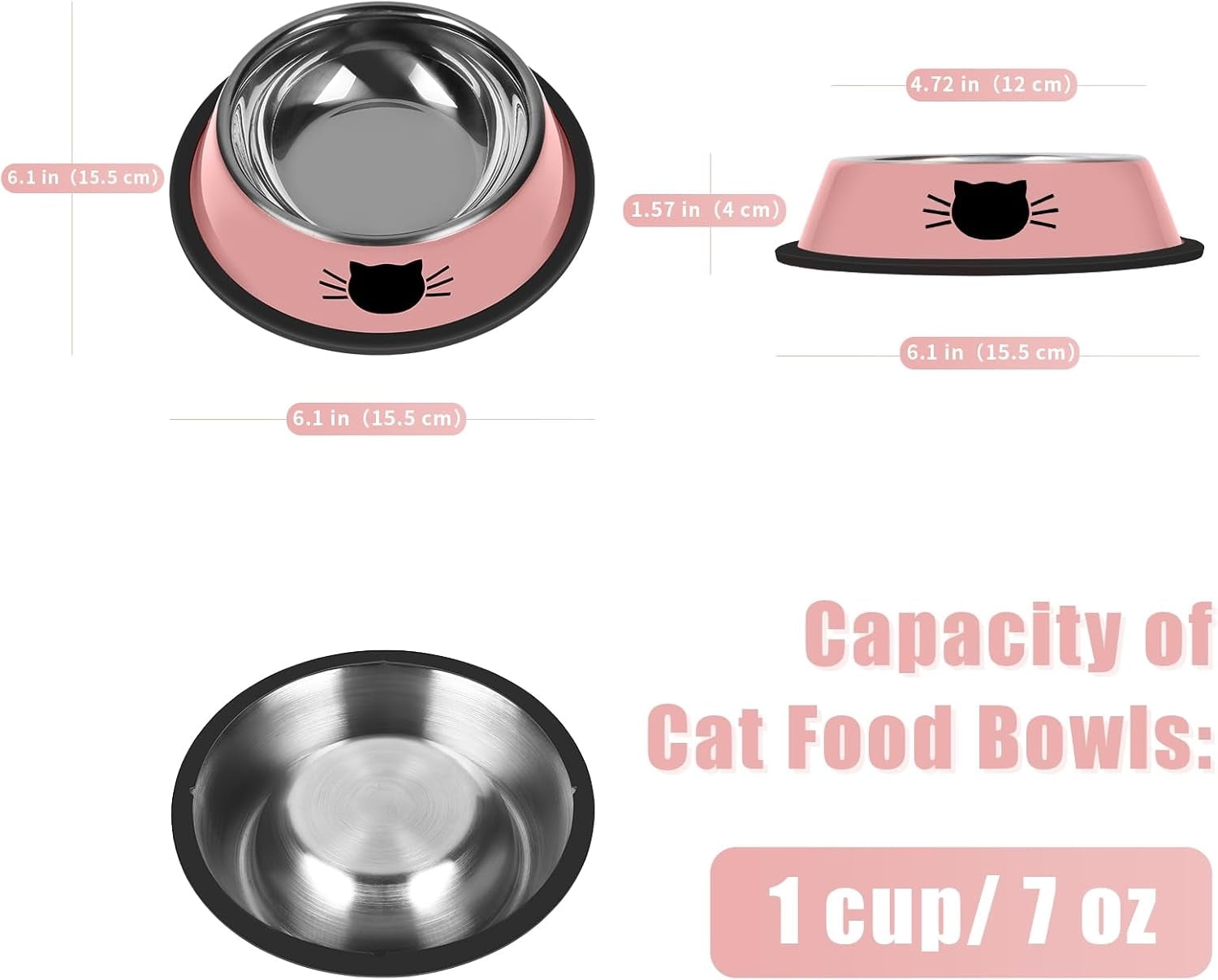 Cat Bowls Non-Slip Stainless Steel Small Cat Food Bowls Unbreakable Thicken Cat Feeder 7 Oz Cat Dishes Suitable for Indoor Small Pets Removable Rubber Base — image 2