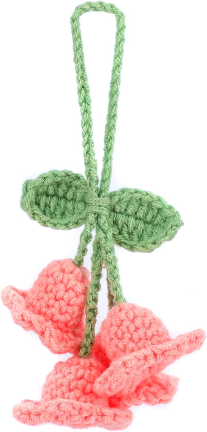Lily Flower Hand Knitted Car Mirror Suspension Accessories, Rearview Mirror Accessories Car Decoration for Men and Women(Pink) — image 2