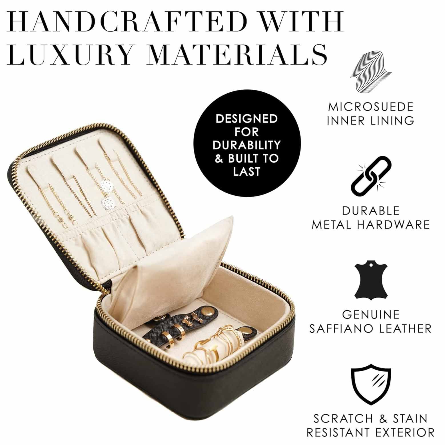 Black "Small But Mighty" Leather Jewelry Box - Portable Organizer for Earrings, Necklaces, Rings & More (4 × 4 × 2 inches) — image 2