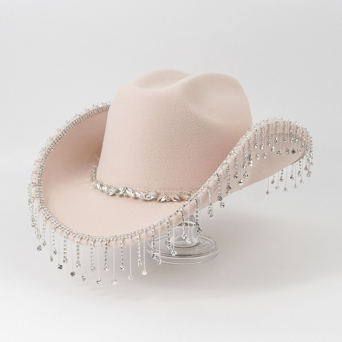 Western Cowboy Hat with Rhinestone Tassel Fringe - Beige Felt-Style Party Hat with Decorative Chain for Festivals, Weddings and Stage Outfits