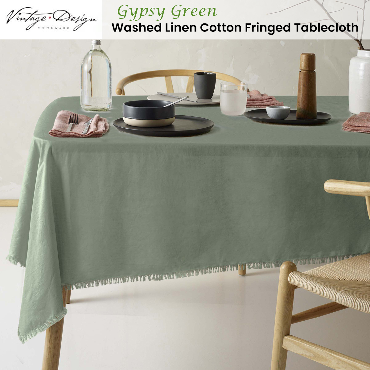 Vintage Design Homewares Gypsy Green Fringed Washed Linen Cotton Tablecloth 130cm x 180cm โ image 2
