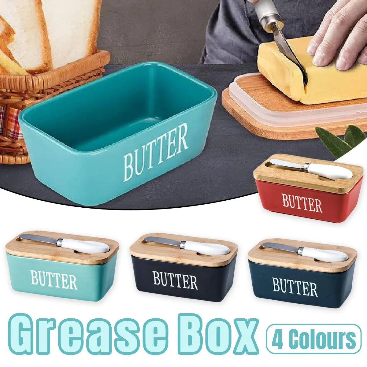 Butter Box with Knife Rectangular Cheese Container with Wooden Lid for Kitchen - Blue β image 2