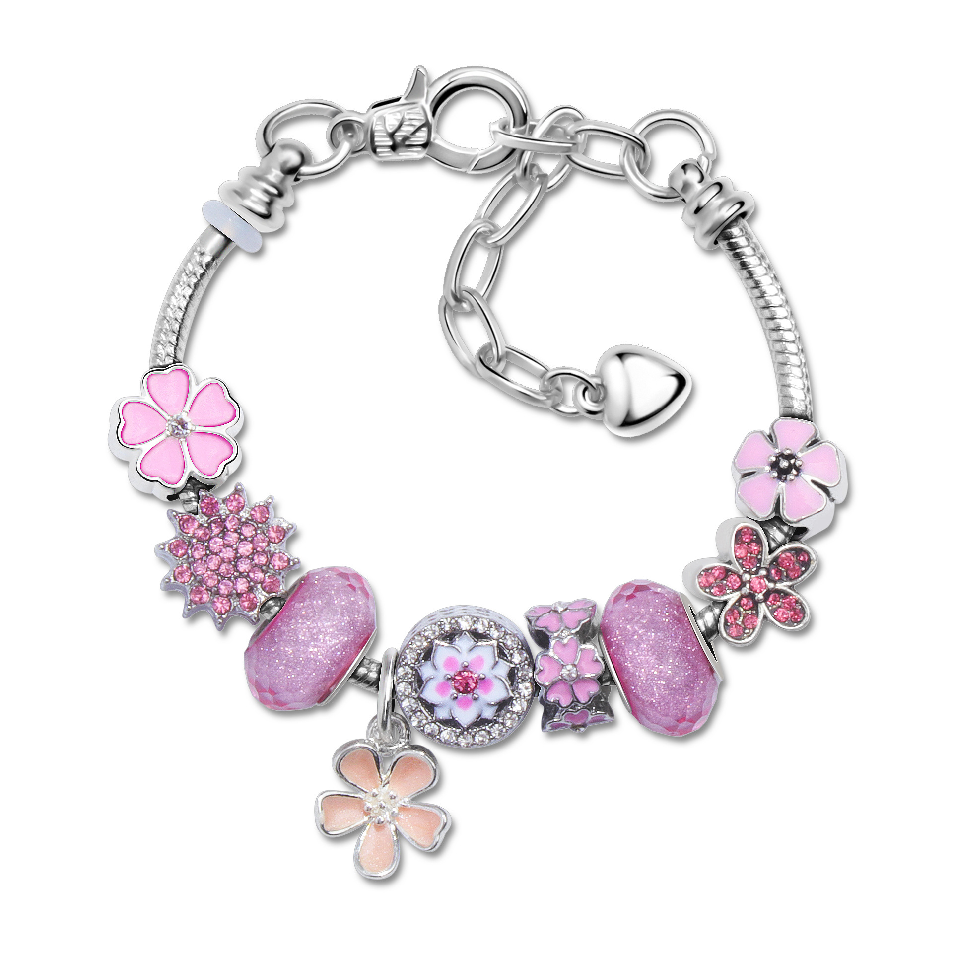 Pink Rhinestone Glass Enamel Bead Bracelet with Magnolia Pendant(20cm)