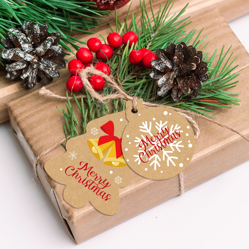 50Pcs Christmas Kraft Gift Tags with Jute Twine, Assorted Merry Christmas Paper Hang Tags, Xmas Tree Shape Label Tags for Gift Wrapping, Christmas Tree โ image 4