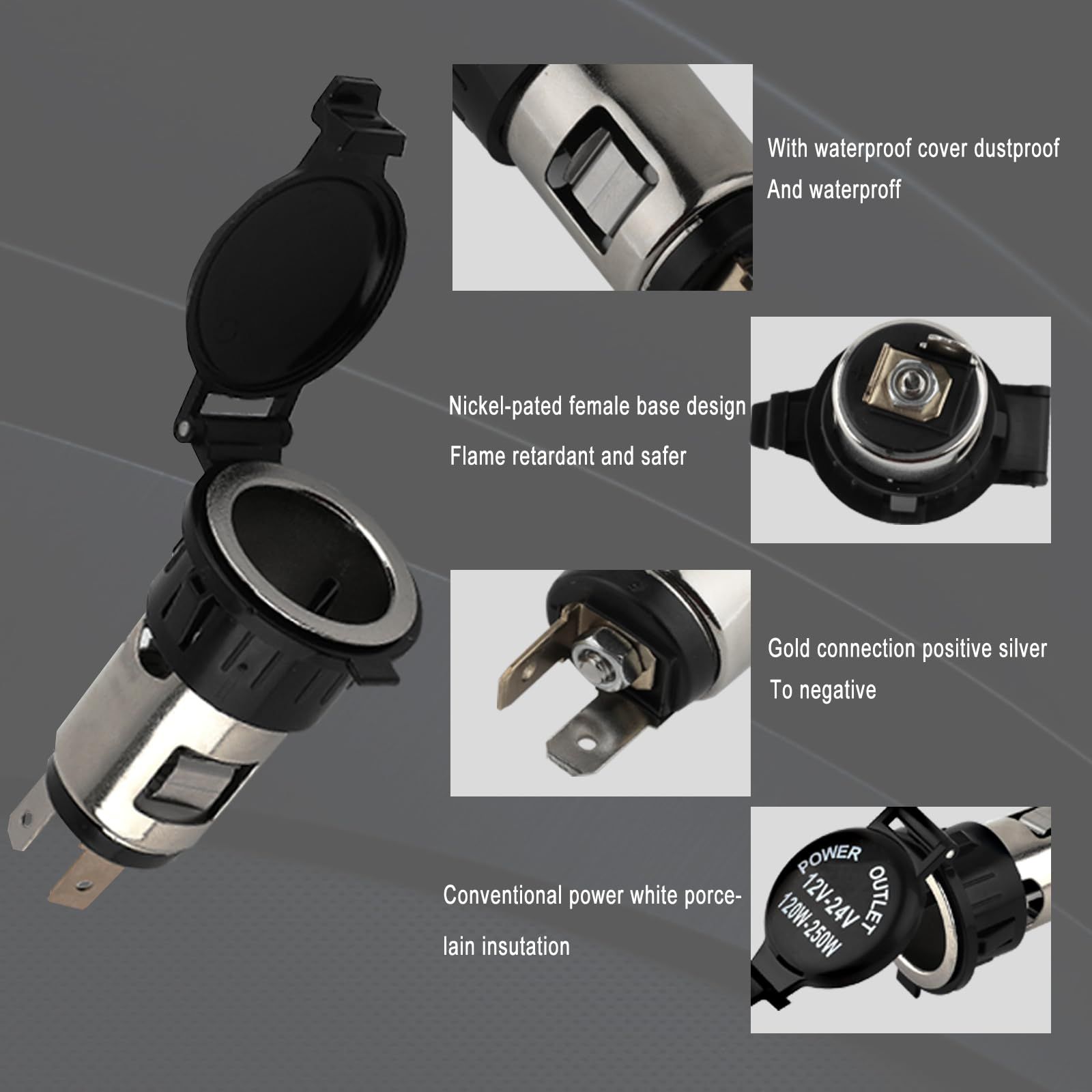 Lighter Socket, Cigarette Lighter, Female Power Outlet Socket Replacement with Cover Wiring Harness Waterproof — image 5
