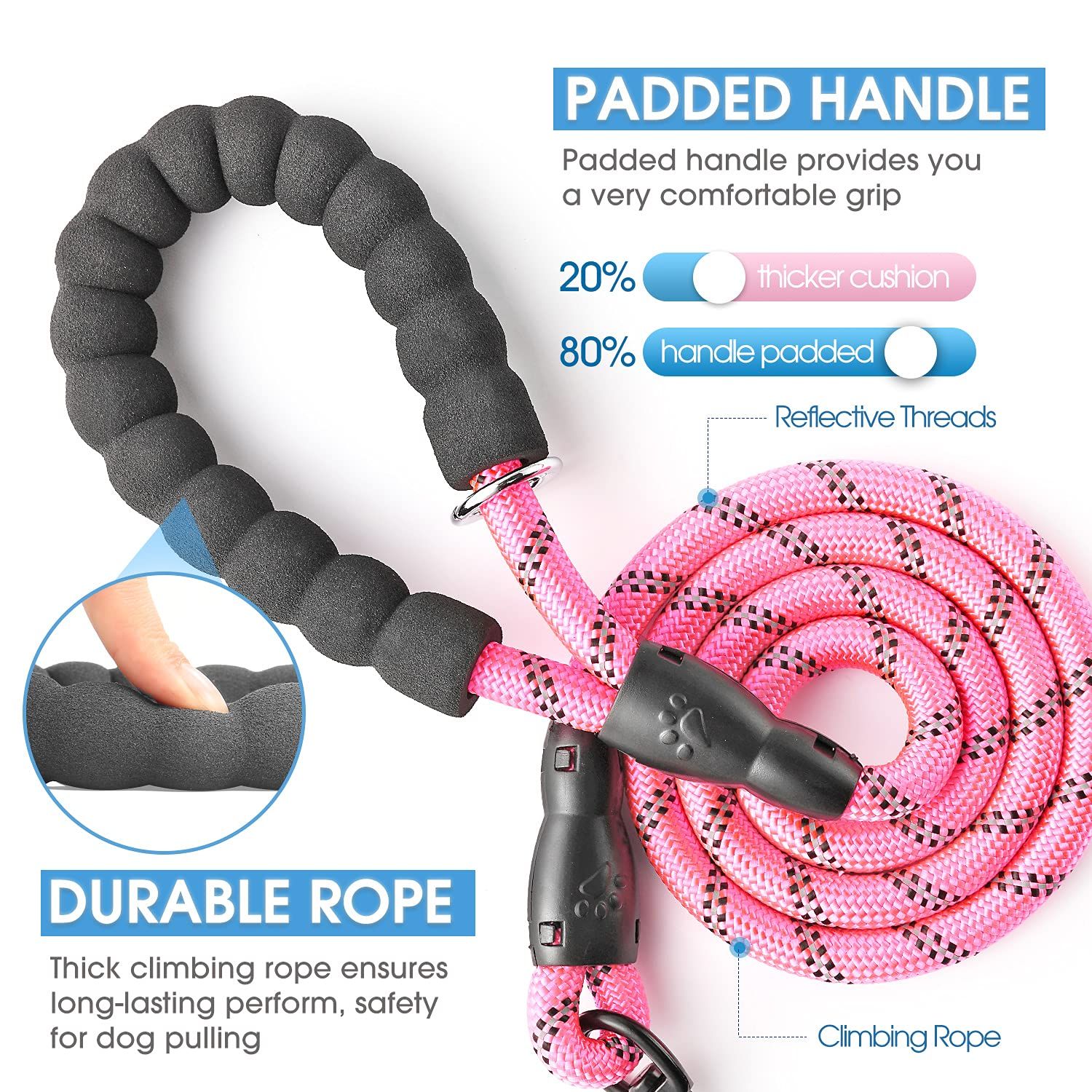 Rope Dog Leash with Comfortable Padded Handle and Highly Reflective Threads for Small Medium Dogs — image 2