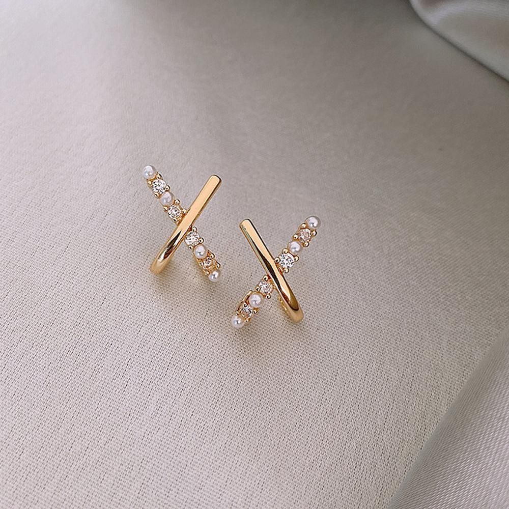 Golden Elegance Zircon Stud Earrings Women Wedding Jewelry Elegant Best Gift - Crossed-Pearls โ image 6
