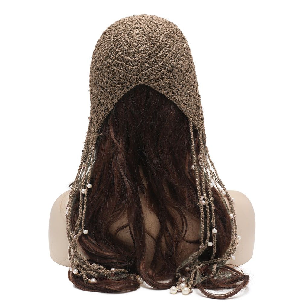 Women's crochet loose brimless cap, hand woven soft cap, spring, summer, autumn, winter with Tassel Handmade Knit Cap(khaki) — image 4