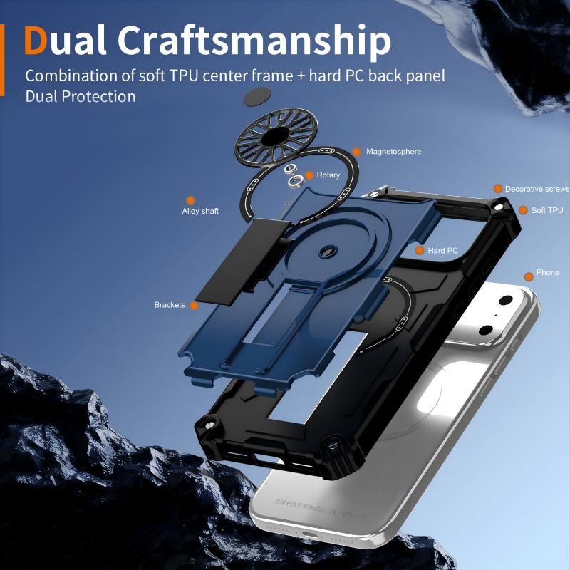 Armor Heavy Duty Magnetic Rotating Ring Kickstand Phone Case For iPhone 14 Pro, Anti-Drop Protective Cover In Blue — image 2