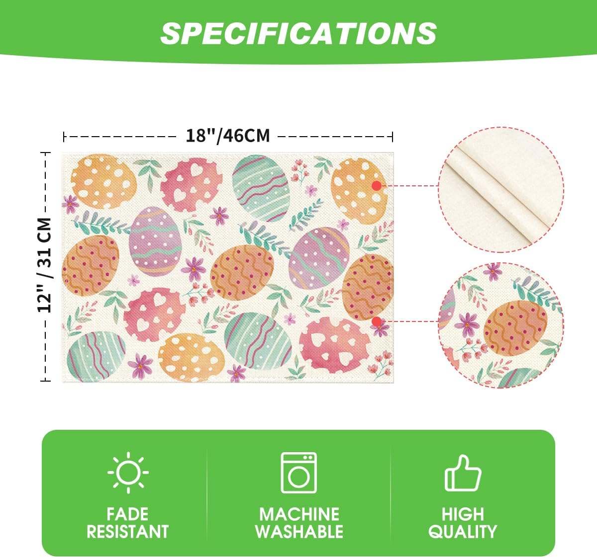 Watercolor Eggs Floral Easter Placemats Set of 4, 12x18 Inch Seasonal Spring Table Mats for Party Kitchen Dining Decoration โ image 6