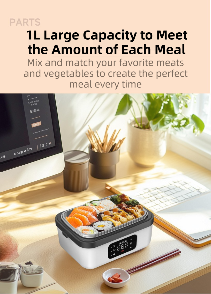 1L Black-Blue Cordless Waterless Heated Lunch Box - Portable 304 Stainless Steel Bento Box for Picnic Students Office Workers, Timed Insulation & USB โ image 5