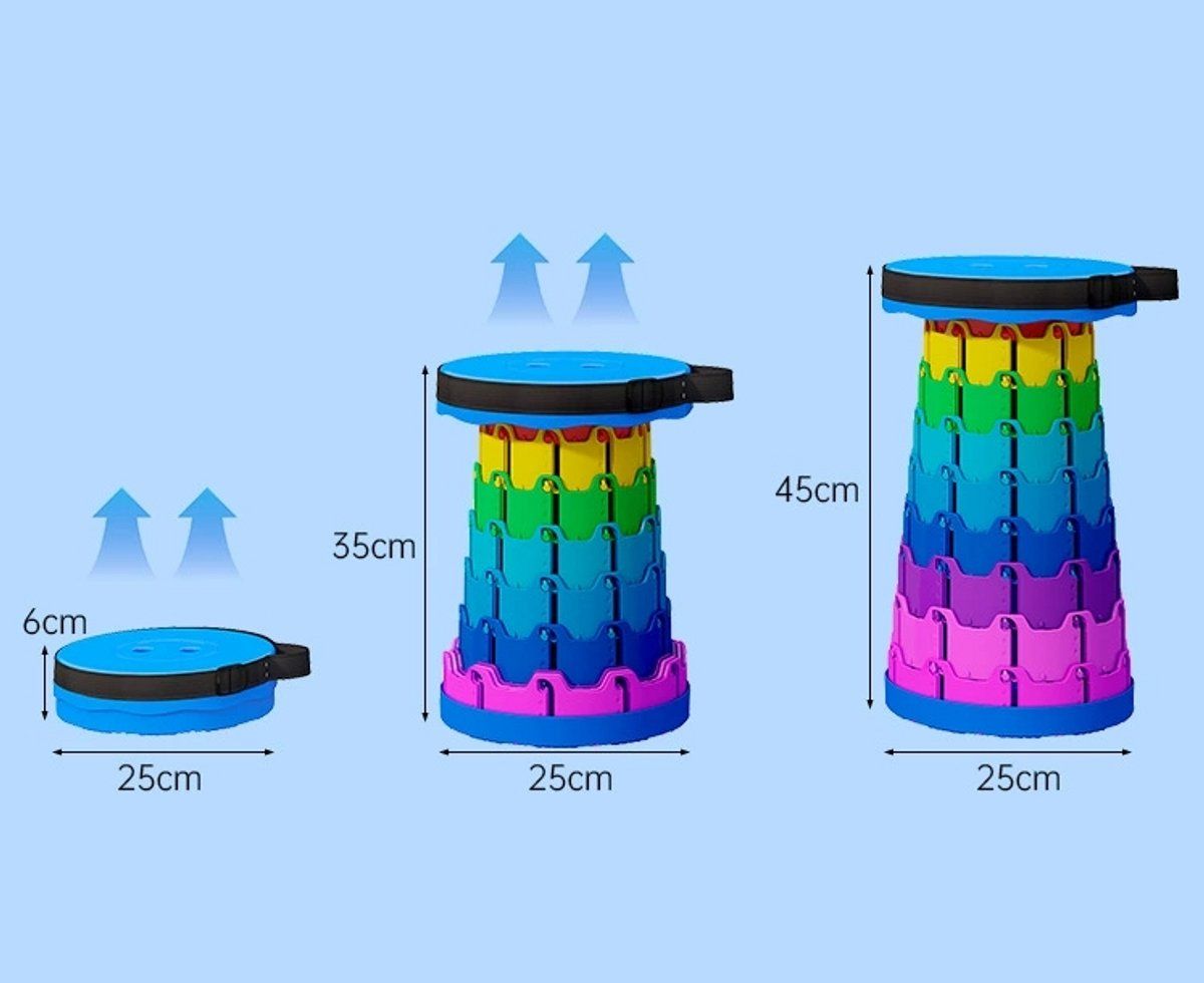 Telescoping Folding Camping Stool With Adjustable Height, 200 kg Capacity, Portable Strap, Rainbow, 6 to 45 cm, 25 cm Diameter โ image 4