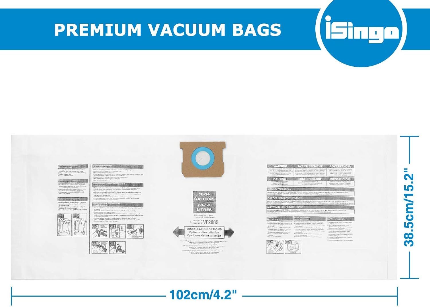 10 PCS Vacuum Bags Replacement or Shop Vac Bags 10-14 Gallon,Type 90662 9066200 9066233; Type I 90672 9067200 9067233; V2005, High Eiciency Disposable ine Dust — image 4