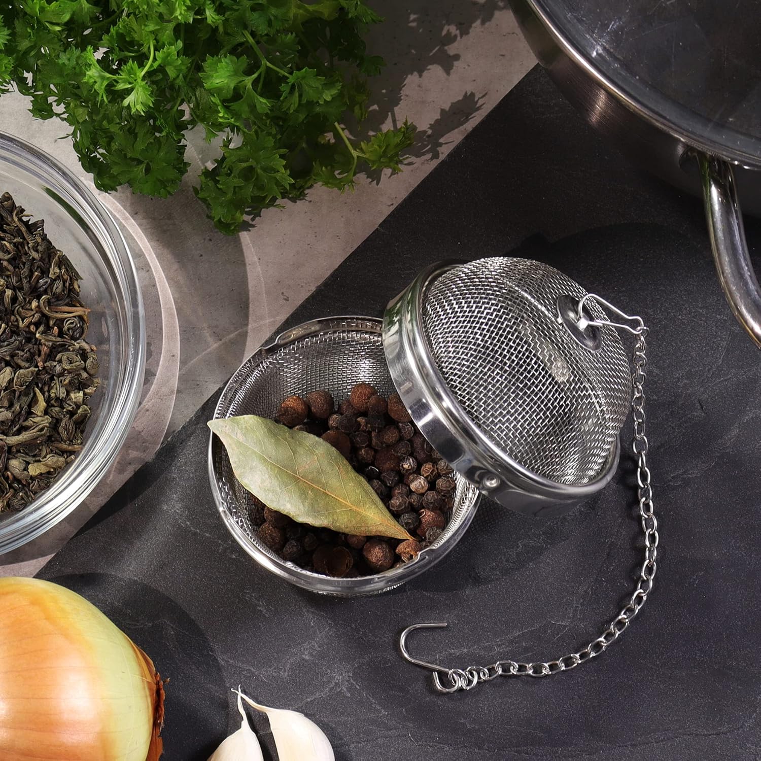 2 Pack Stainless Steel Tea Strainers with Chain 6.5cm Fine Mesh for Loose Tea Herbs Spices — image 3