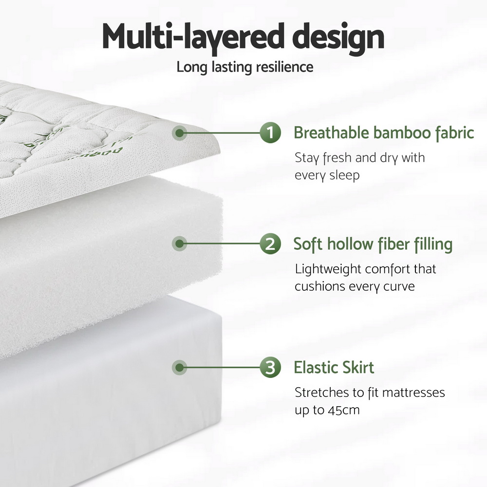 Giselle Bedding 5cm Pillowtop Mattress Topper 1000GSM Thick Soft Bamboo Cooling Pad for Back Pain Relief & Guest Bed, Washable Overfilled Cover with 45cm Deep — image 6