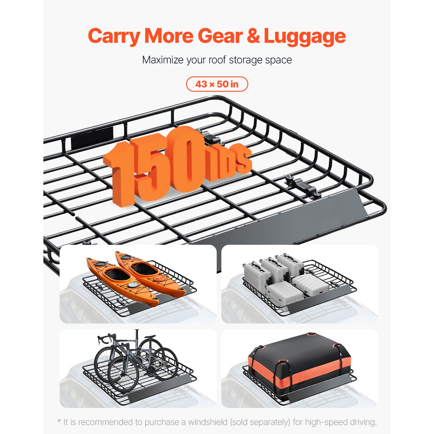 Roof Rack Cargo Carrier, 1095 × 1270 × 105 mm, Universal Rooftop Cargo Basket, Car Top Luggage Holder with 68 kg Max Load Capacity, 4.1 in Fence, Anti-Rust — image 2
