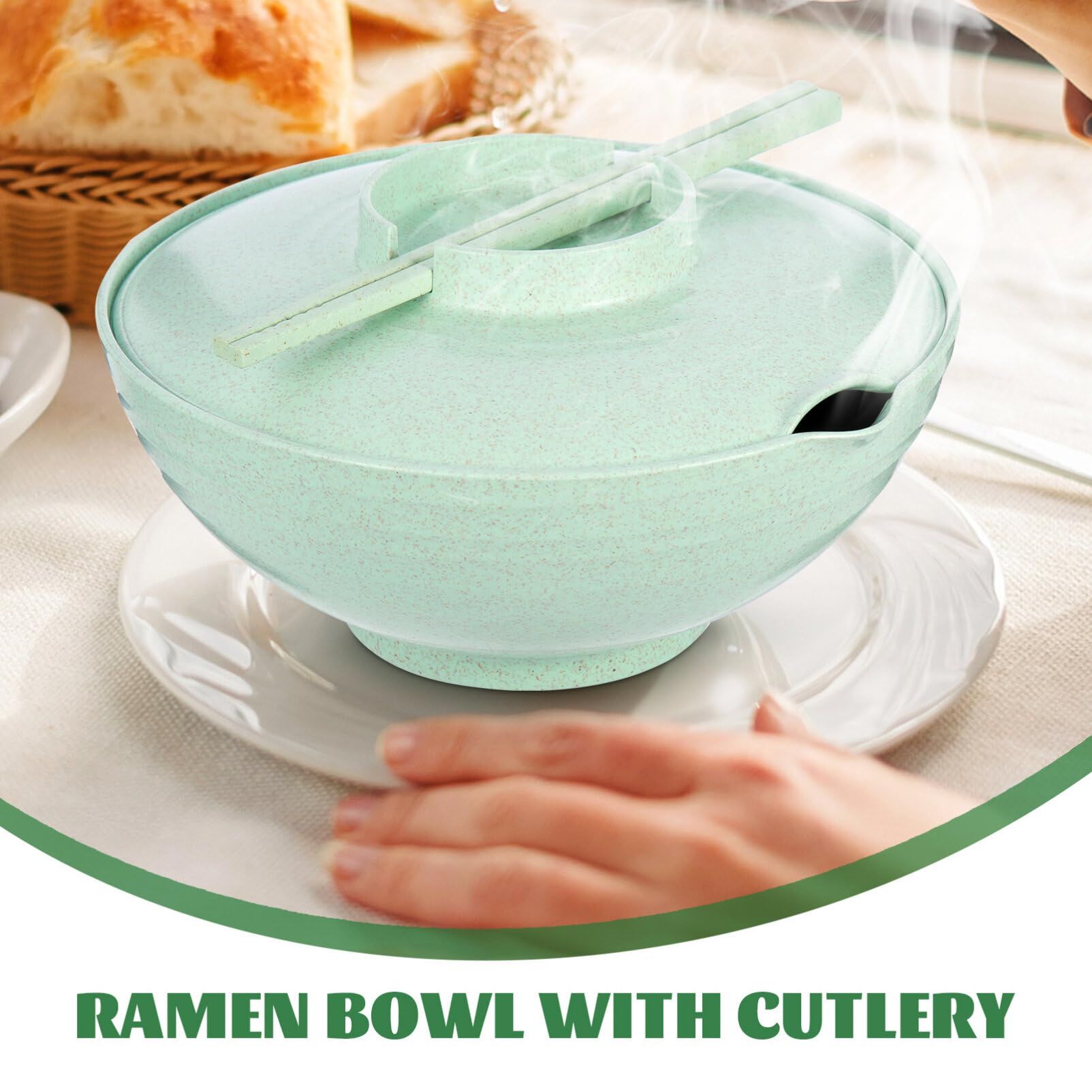 Noodle Bowls with Chopsticks, Cereal Bowls for Kitchen, Breakfast, Oatmeal, Microwave and Dishwasher Safe (Green) — image 3
