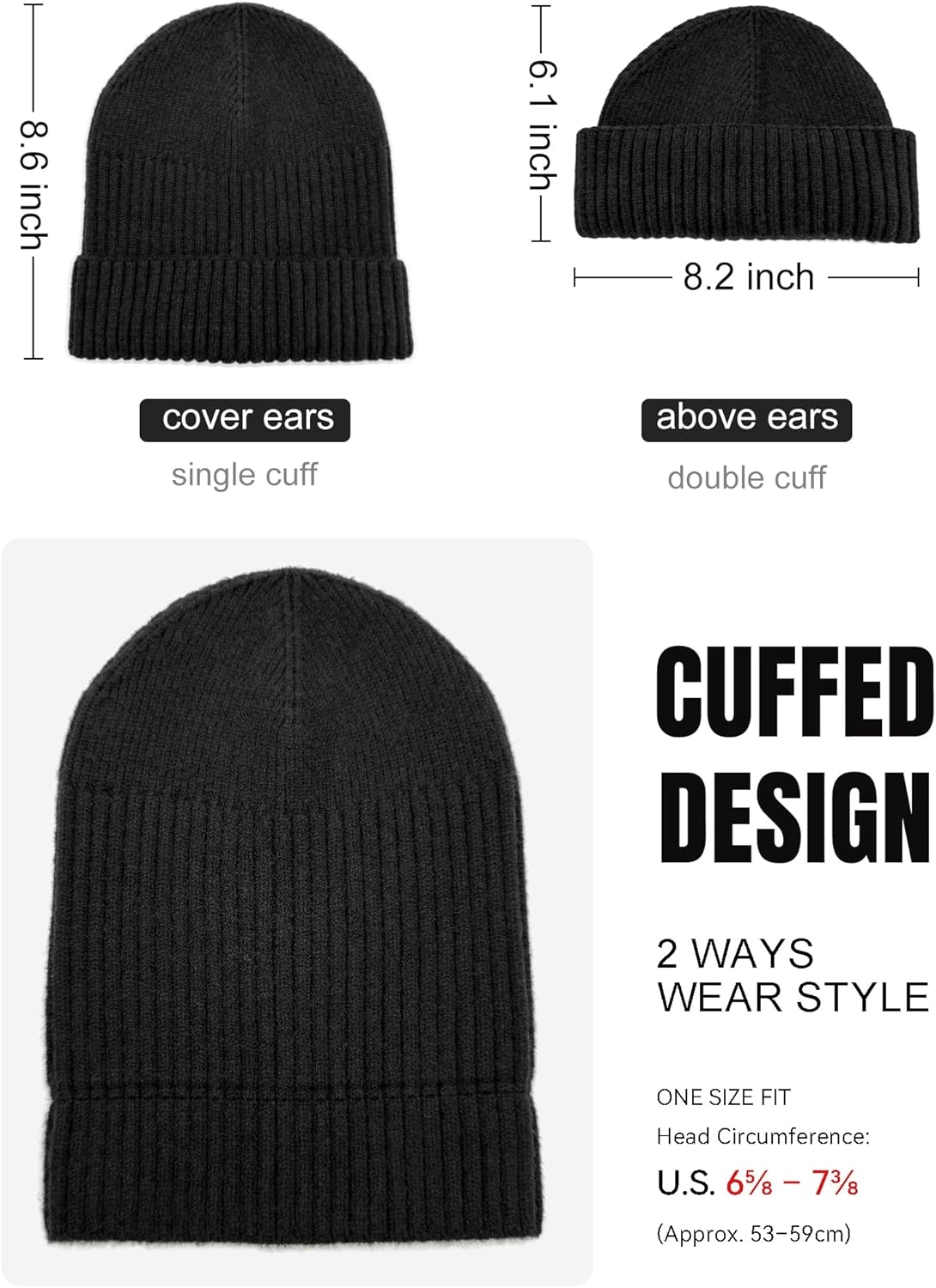 50% Wool Double Cuff Knit Beanie Hat for Men Women, Short Fisherman/Slouchy Warm Winter Skull Cap Trawler Watch Cap โ image 3