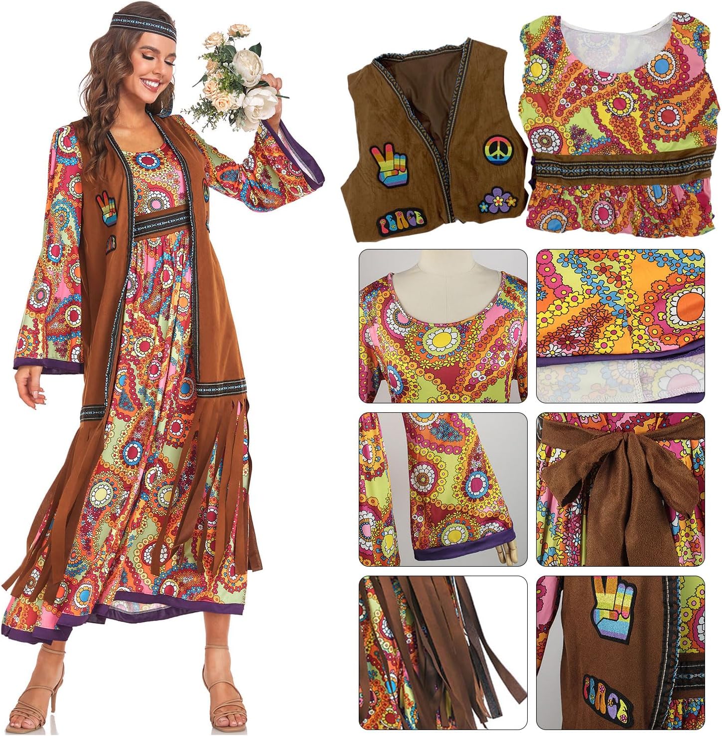 60s costume women, hippie women's dress set, 70s disco halloween outfits, hippie clothing women's costume, 60s clothing accessories M — image 4