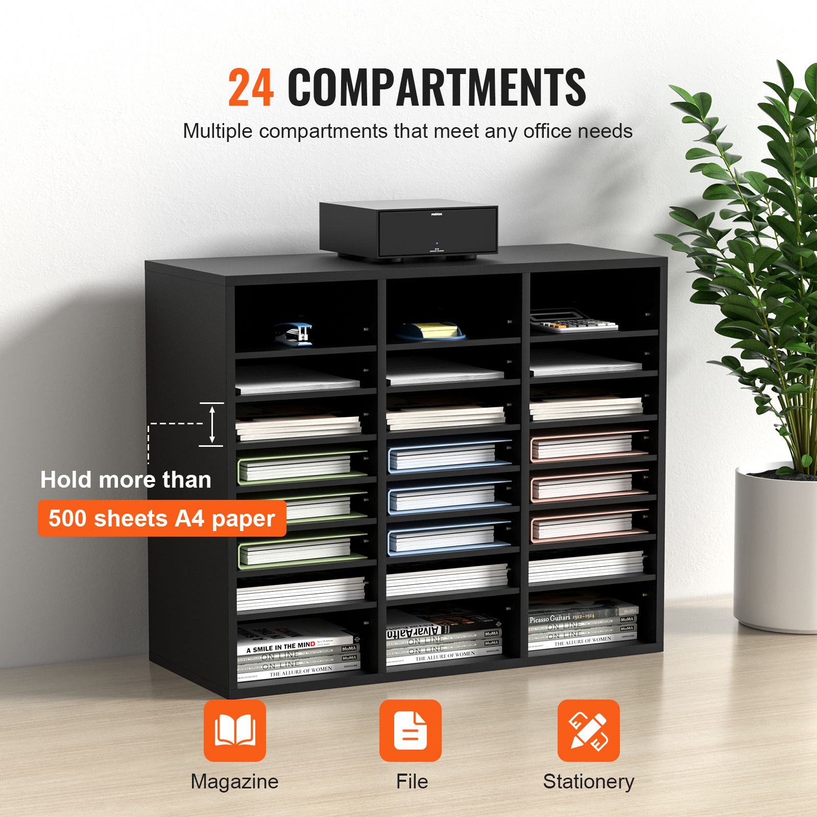 Wood Literature Organizer Adjustable File Sorter 24 Compartments Black โ image 4