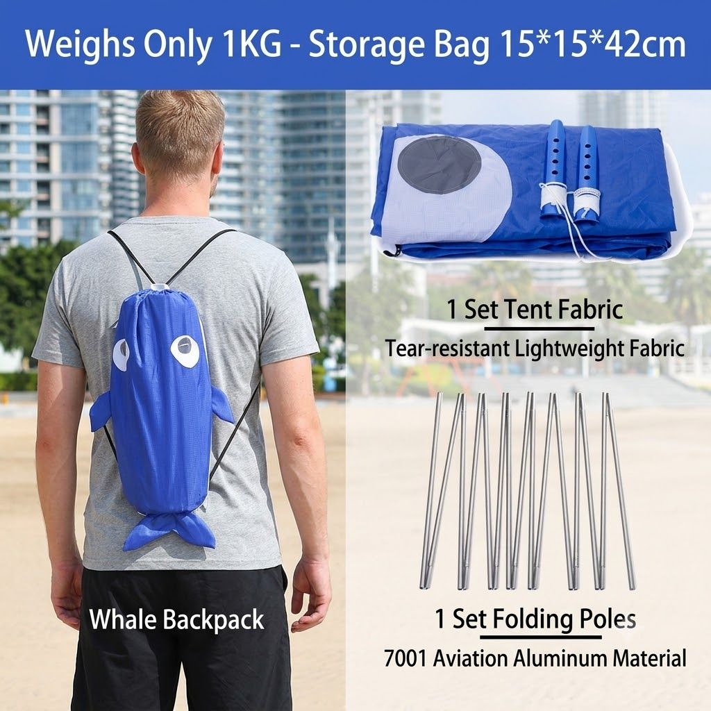 Whale-Shaped Beach Wind Shelter – Ultra-Light 1 kg Portable Sun Shade Tent, Spacious for 2-3 People, Quick Setup Open Design for Seaside Relaxation and Family — image 4
