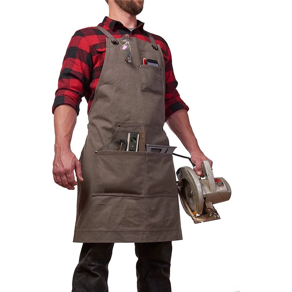Durable Edition Waxed Canvas Tool Apron for Men and Women, Heavy Duty Work Apron with Pockets for Tools, Adjustable Crossback Straps - Grey — image 2